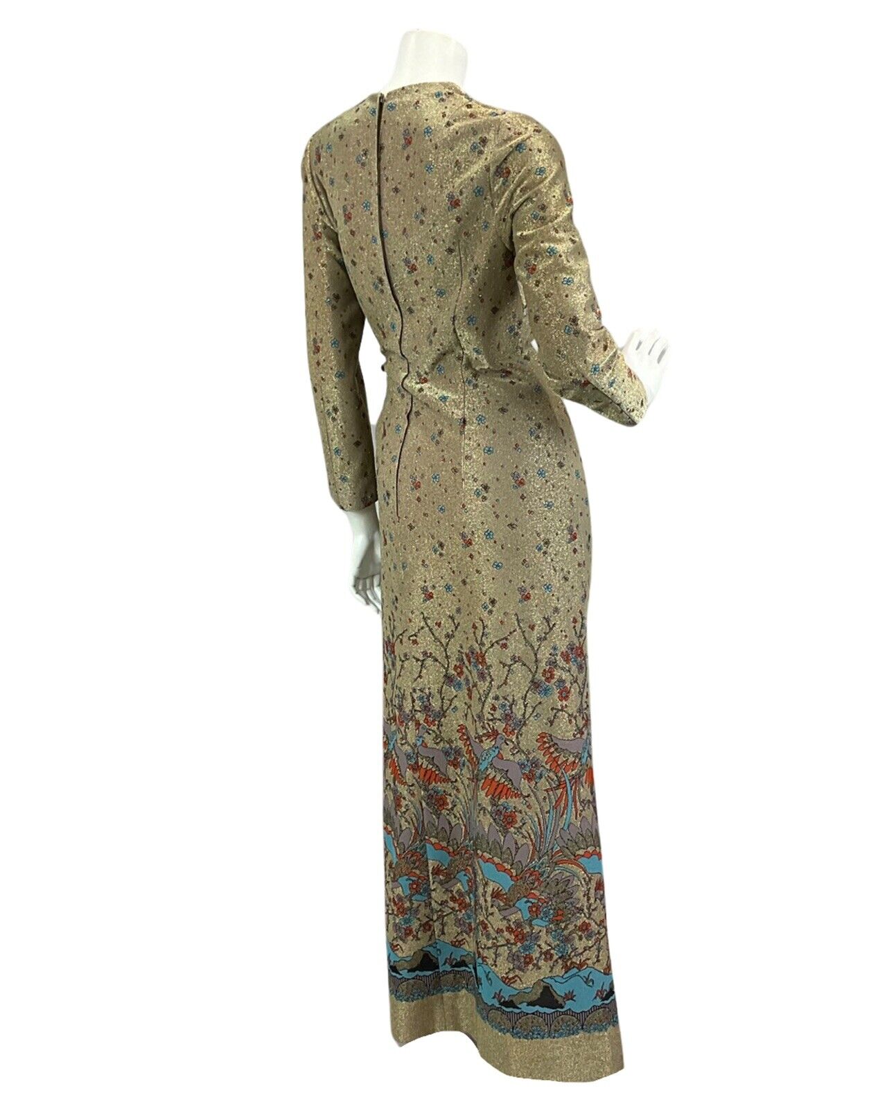 VINTAGE 60s 70s GOLD SPARKLY FLORAL BIRD PRINT DISCO BOHO FOLK MAXI DRESS 10 12