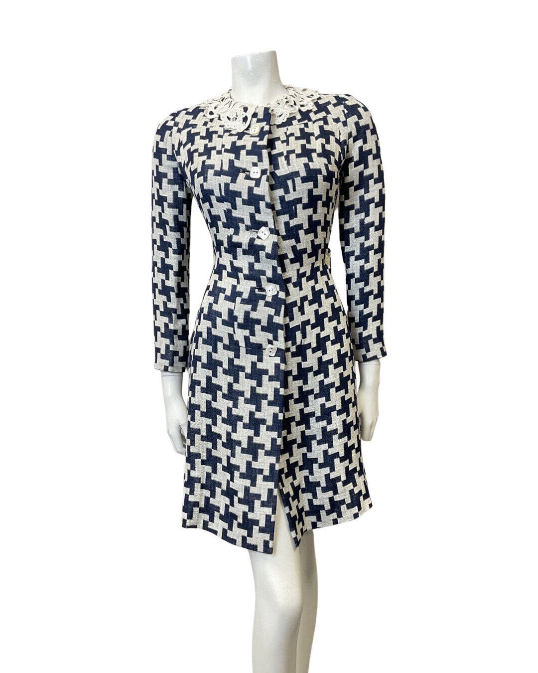 VINTAGE 70s 90s BLUE WHITE GEOMETRIC TILED LACE MOD DRESS COAT 12