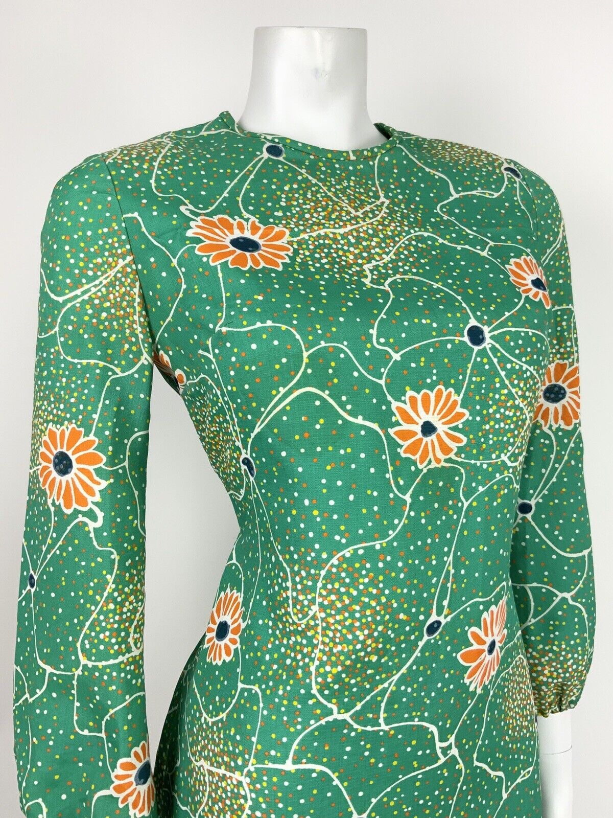 VTG 60s 70s GREEN ORANGE WHITE YELLOW ABSTRACT FLORAL DOTTY SHIFT DRESS 10 12