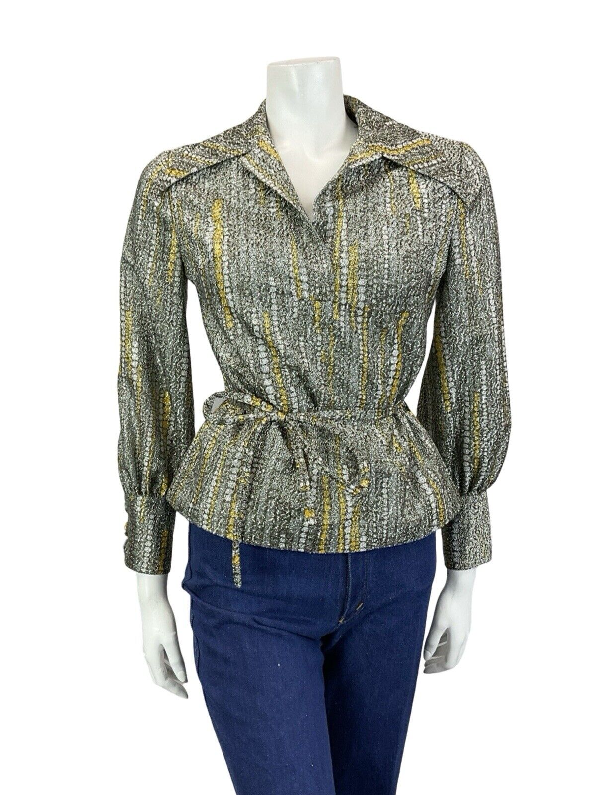 VTG 70S SILVER GOLD SPOTTY METALLIC DAGGER COLLAR BISHOP SLEEVE PARTY SHIRT 8