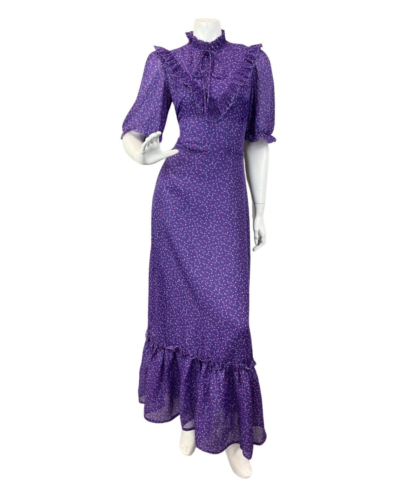 VINTAGE 60s 70s PURPLE PINK WHITE DITSY FLOWER RUFFLE PRAIRIE MAXI DRESS 8 10