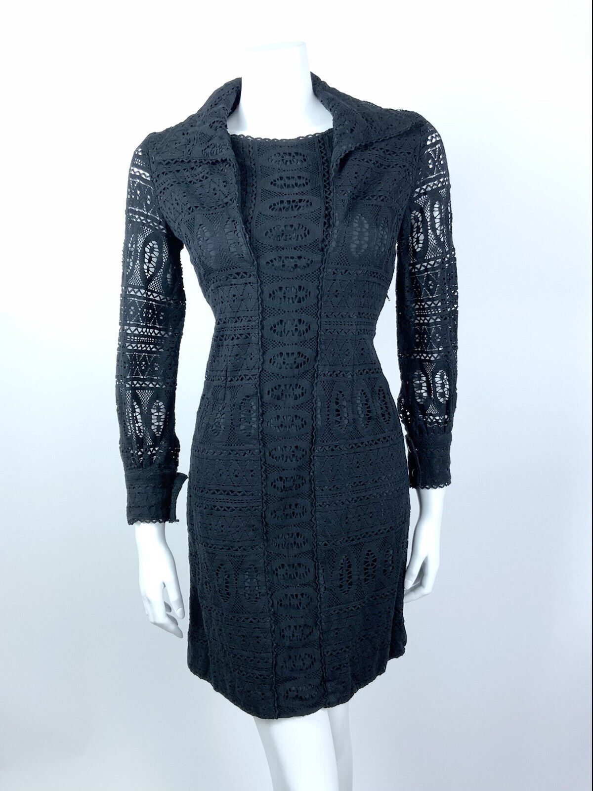 VINTAGE 60s 70s BLACK LACE CROCHET MOD COVEN GLAM WING COLLAR DRESS 10 12