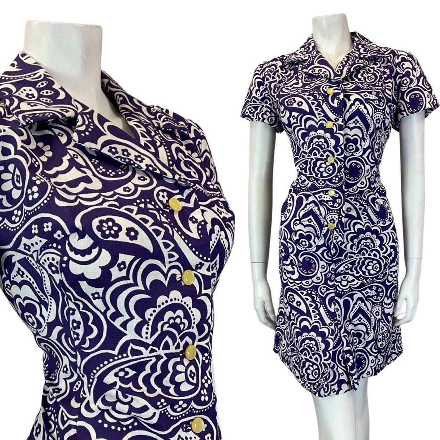 VINTAGE 60s 70s PURPLE WHITE PSYCHEDELIC FLORAL PAISLEY MOD SHORT SHIRT DRESS 12