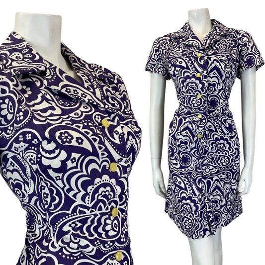 VINTAGE 60s 70s PURPLE WHITE PSYCHEDELIC FLORAL PAISLEY MOD SHORT SHIRT DRESS 12