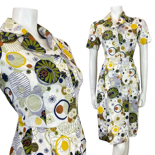 VINTAGE 60s 70s WHITE GREEN YELLOW PSYCHEDELIC DOTTY MOD DAISY SHIRT DRESS 10 12