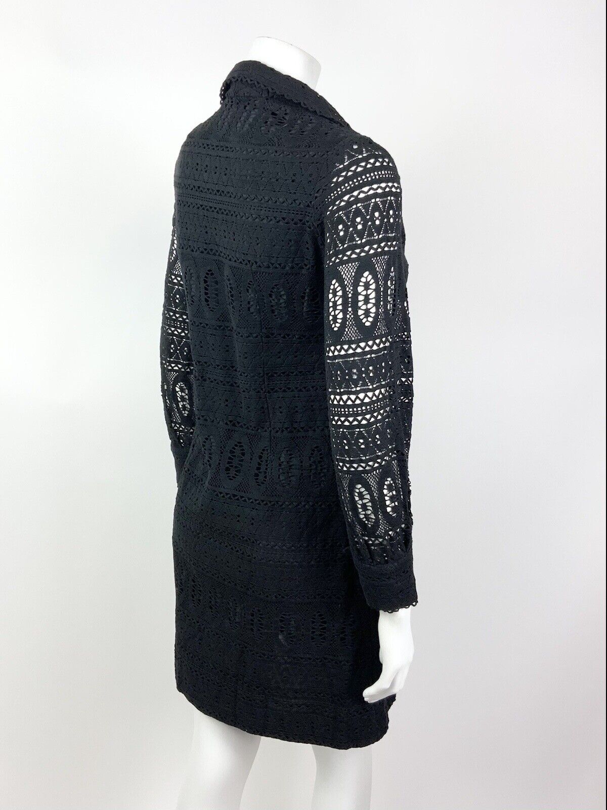 VINTAGE 60s 70s BLACK LACE CROCHET MOD COVEN GLAM WING COLLAR DRESS 10 12