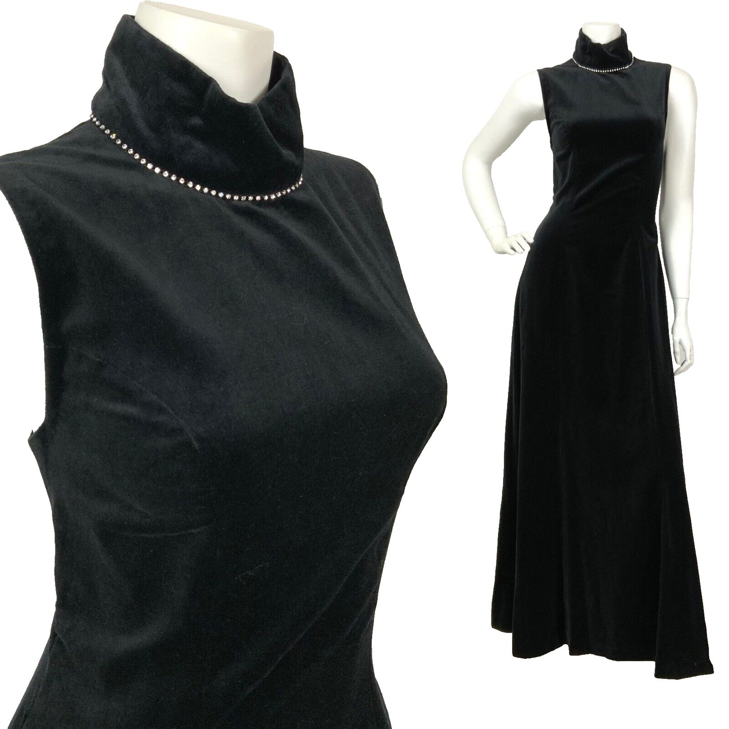 VINTAGE 60s 70s BLACK VELVET SILVER DIAMANTE STUDIO 54 DISCO MAXI DRESS 8 10
