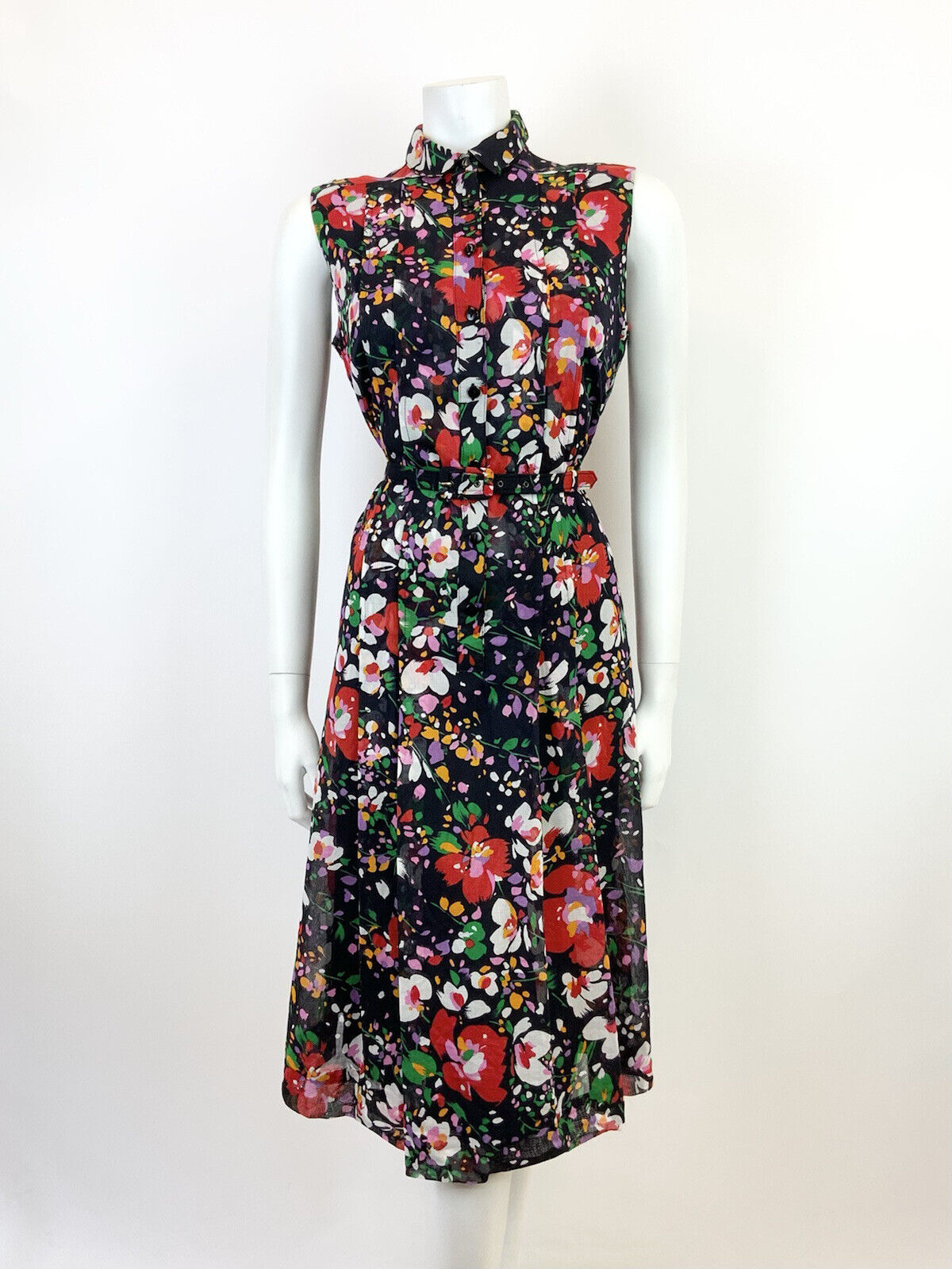 VTG 60s 70s BLACK RED WHITE GREEN FLORAL BELTED MOD SLEEVELESS SHIRT DRESS 12 14