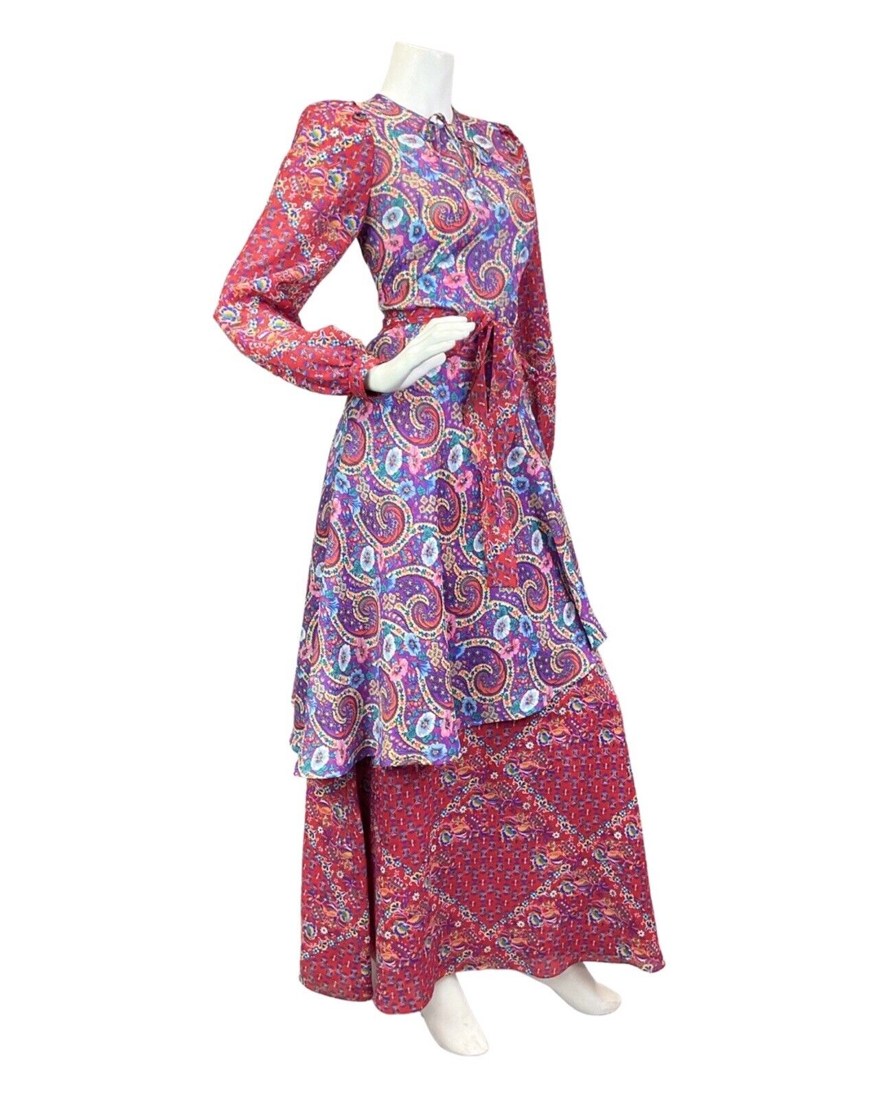 VINTAGE 70s PURPLE RED BLUE PSYCHEDELIC FLORAL PAISLEY BOHO FOLK MAXI DRESS 8