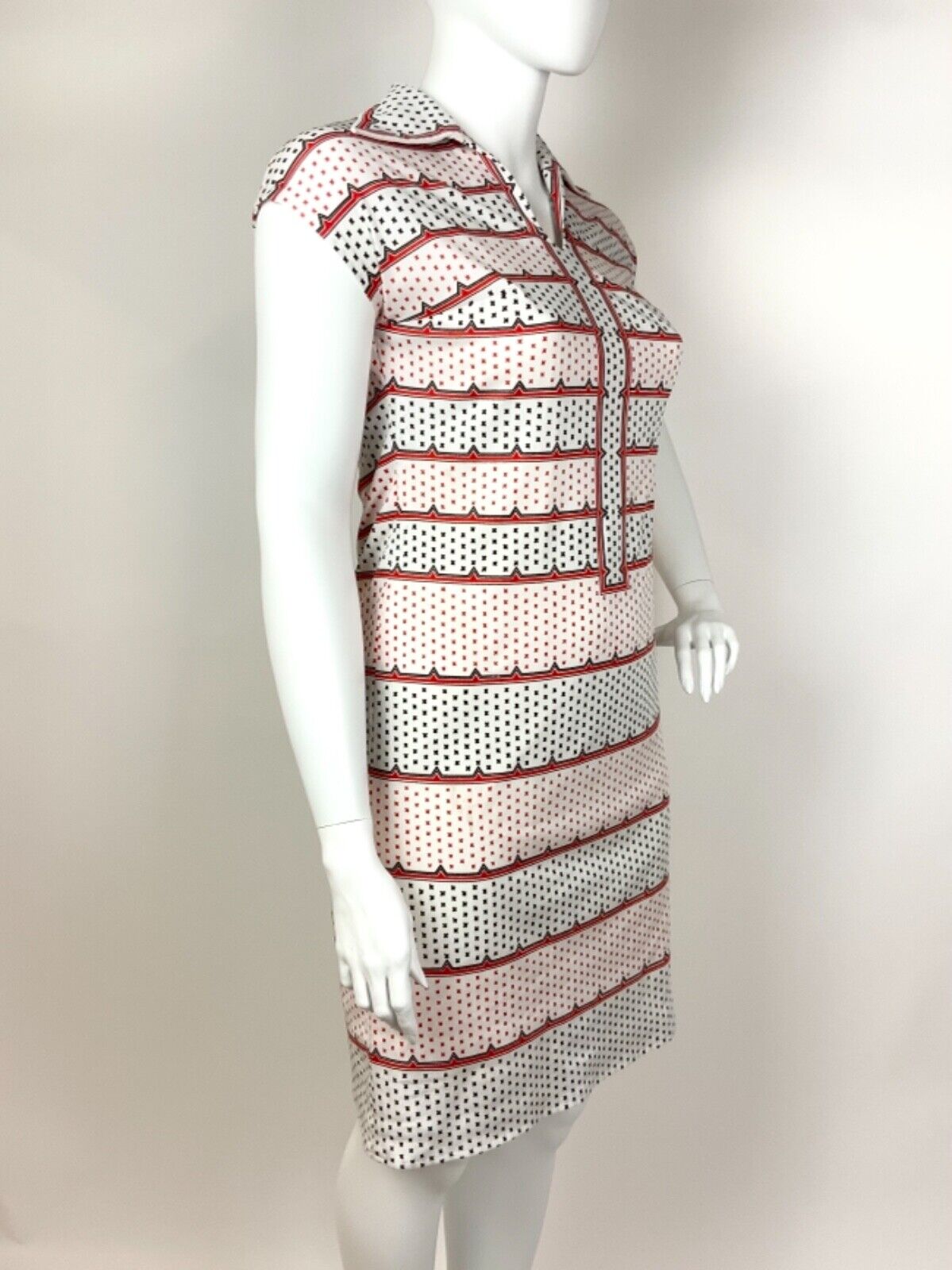 VINTAGE 60s 70s WHITE RED BLACK WING COLLAR STRIPED CROSS MOD DRESS 16 18