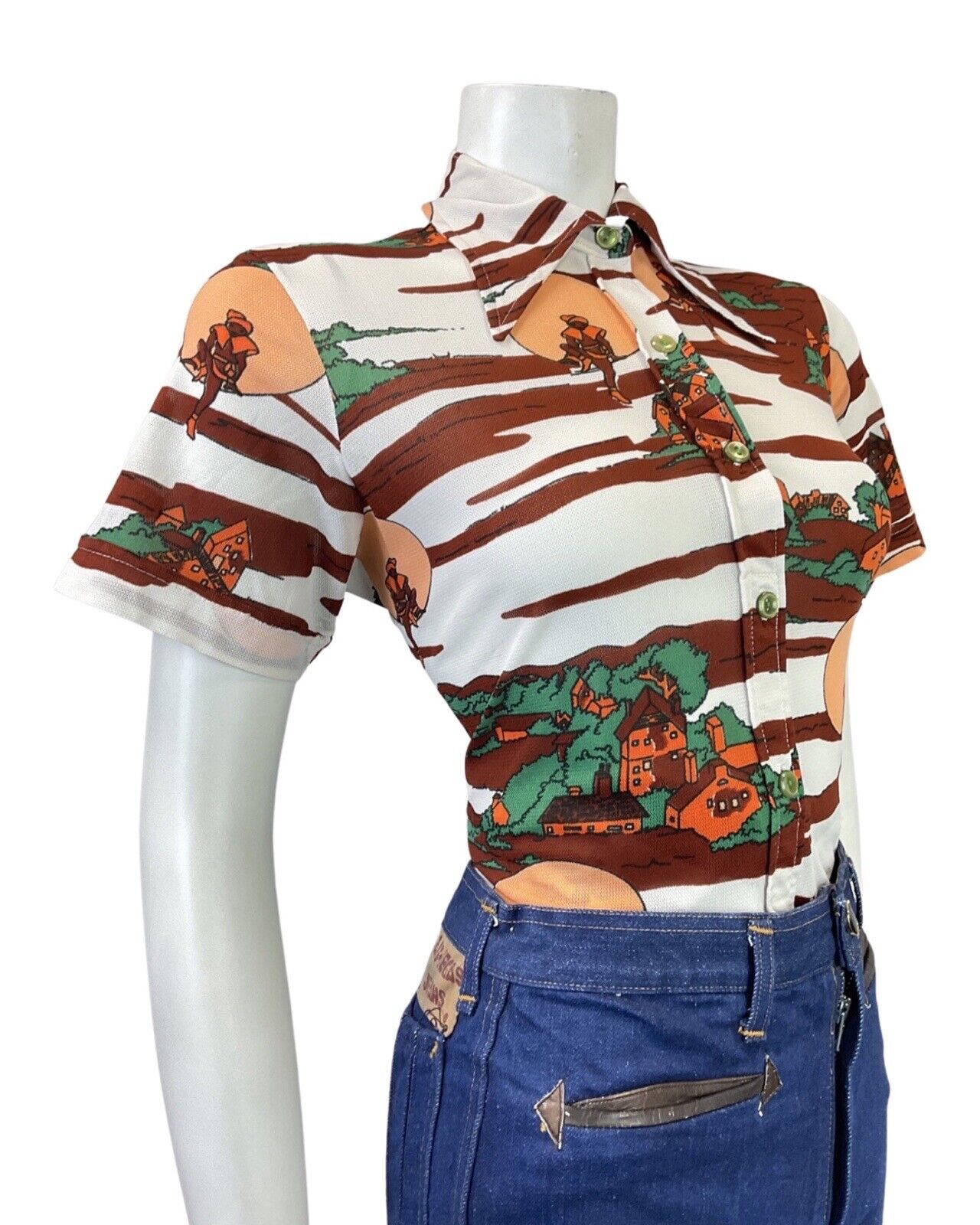 VINTAGE 60s 70s WHITE BROWN GREEN VILLAGE TREE DANCER FOLK DAGGER SHIRT 16 18