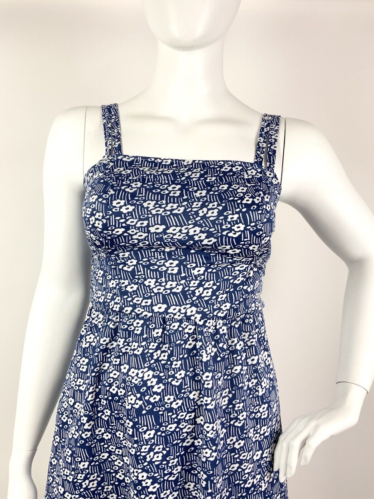 VINTAGE 60s 70s BLUE WHITE FLORAL DITSY DAISY STRIPED STRAPPY MOD SUN DRESS 14