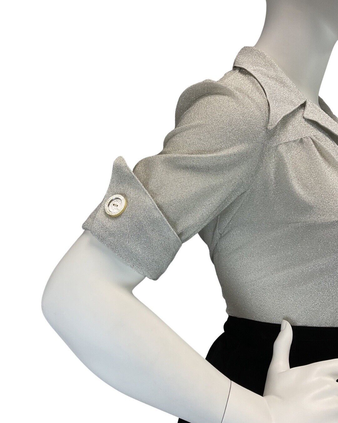 VINTAGE 60s 70s SILVER GLITTER MOD DISCO STUDIO 54 DAGGER COLLAR SHIRT 16 18