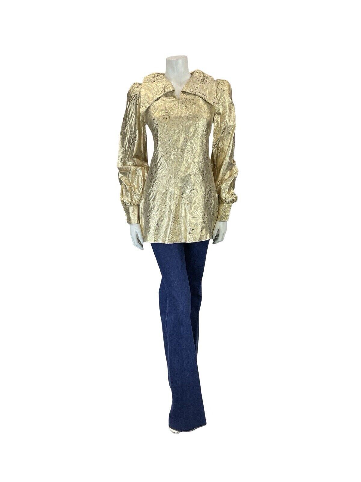 VTG 60S 70S GOLD BROCADE OVERSIZED COLLAR BISHOP SLEEVE PAISLEY TUNIC TOP 8 10 S