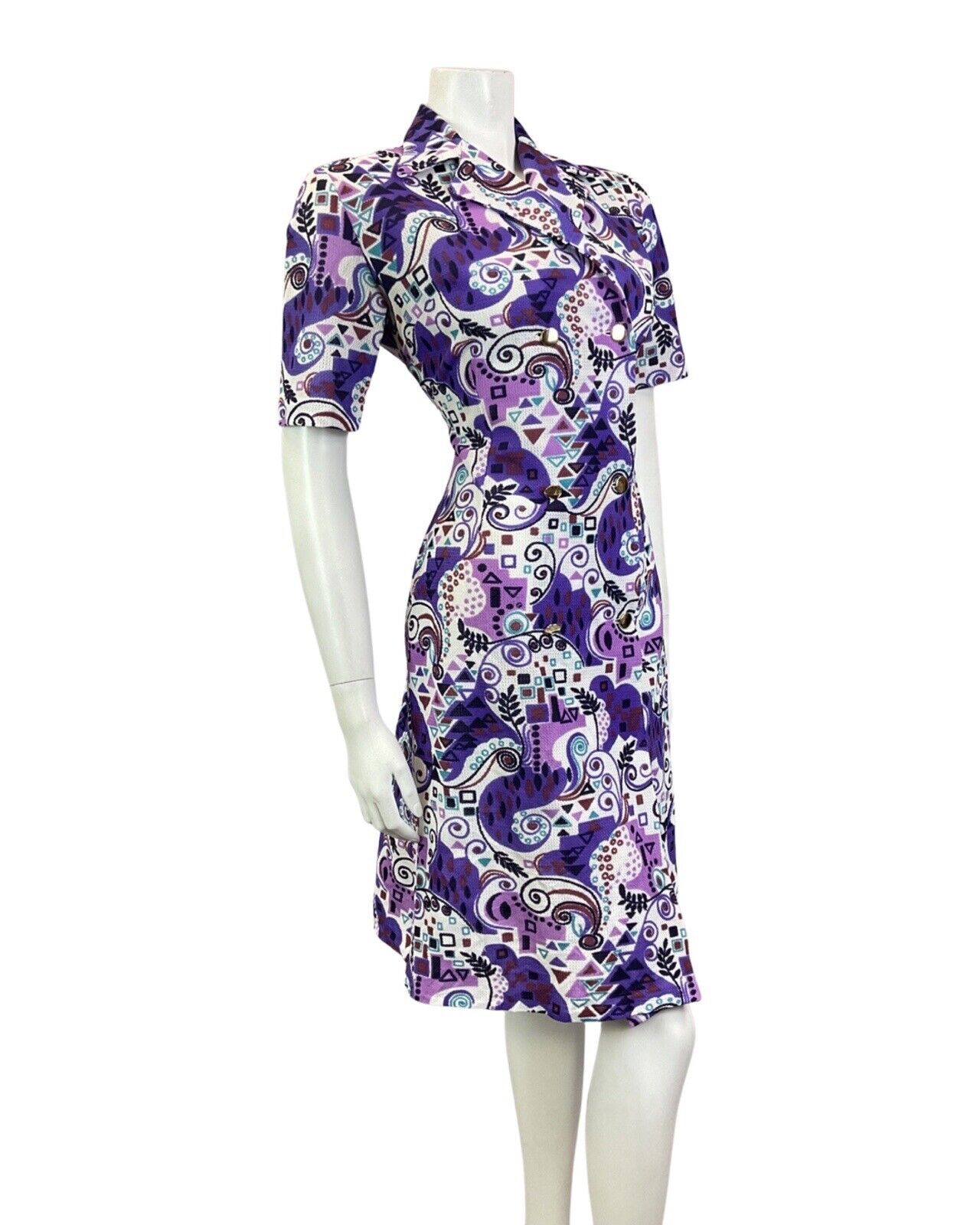 VINTAGE 60s 70s PURPLE TEAL BLUE PSYCHEDELIC SWIRL GEOMETRIC MOD SHIRT DRESS 14
