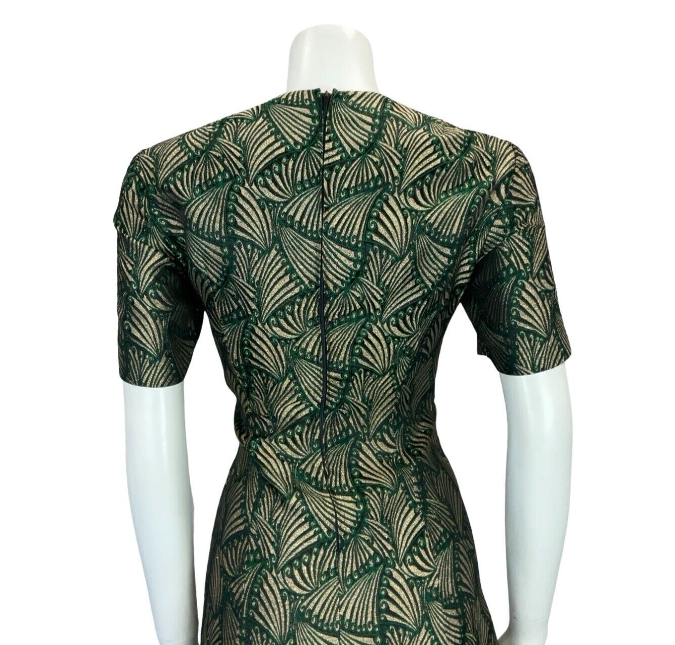 VTG 60S ART DECO FAN GOLD GREEN BLACK SHORT SLEEVE ROUNDED NECK DRESS 12