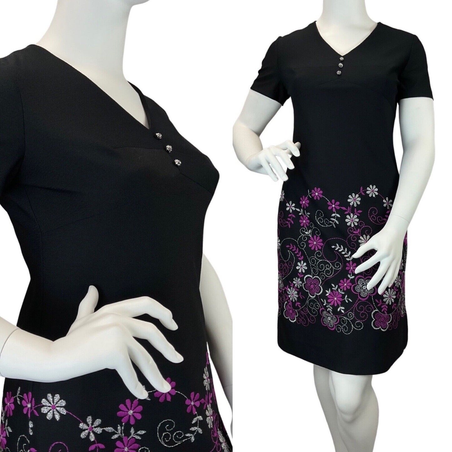 VINTAGE 60s 70s BLACK SILVER PURPLE SWIRLING FLOWER EMBROIDERED MOD DRESS 16