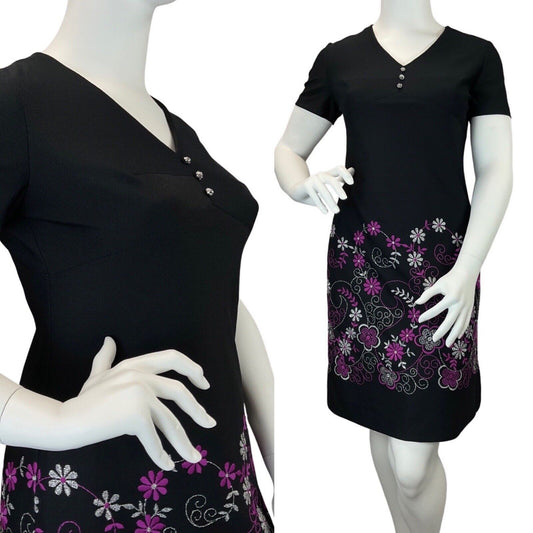 VINTAGE 60s 70s BLACK SILVER PURPLE SWIRLING FLOWER EMBROIDERED MOD DRESS 16