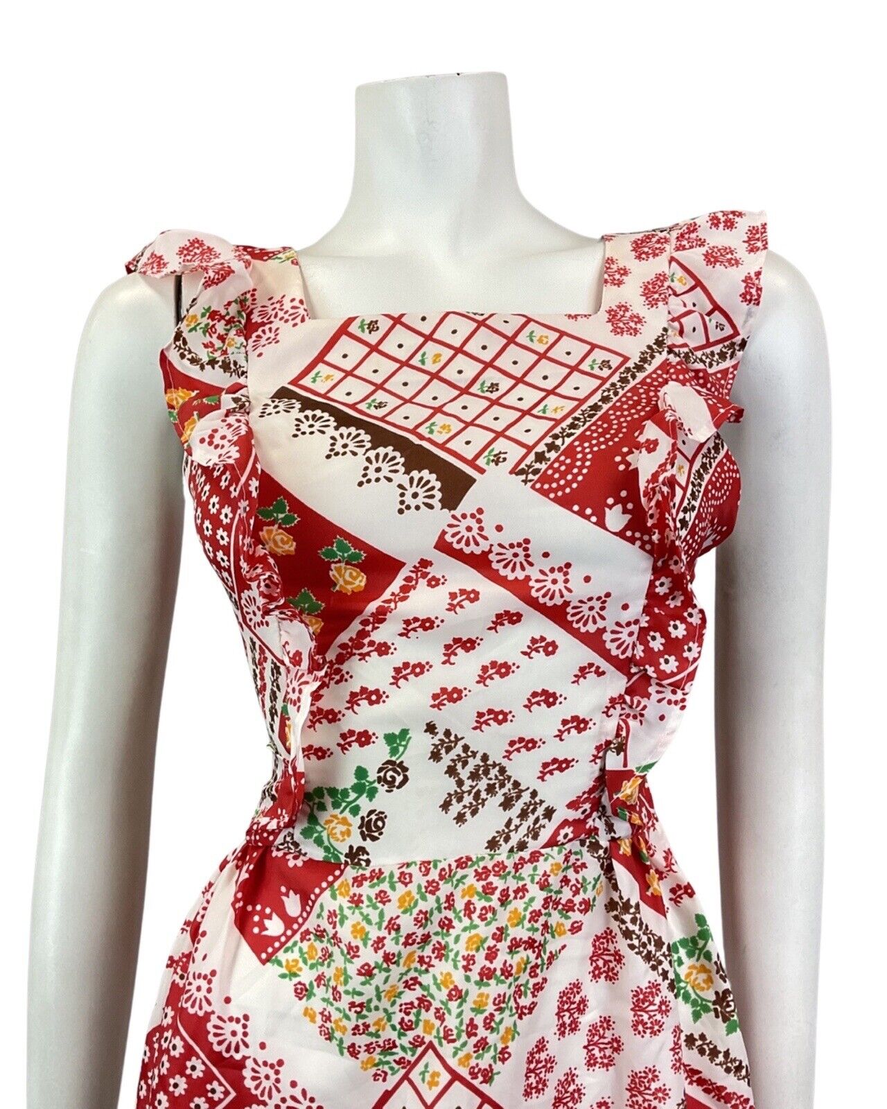 VINTAGE 60s 70s RED WHITE YELLOW PATCHWORK FLORAL PRAIRIE FOLK SUMMER DRESS 4