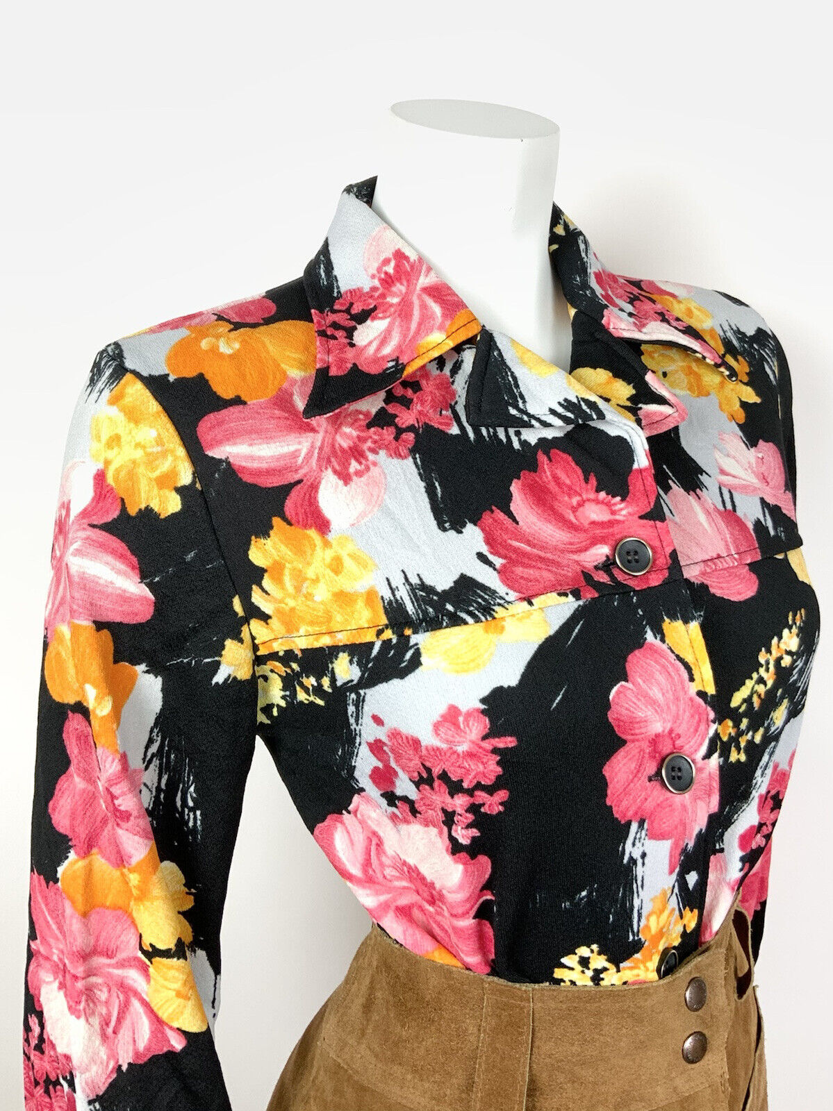 VINTAGE 60s 70s BLACK PINK ORANGE GREY FLORAL DAGGER COLLAR SHIRT BLOUSE 12 14