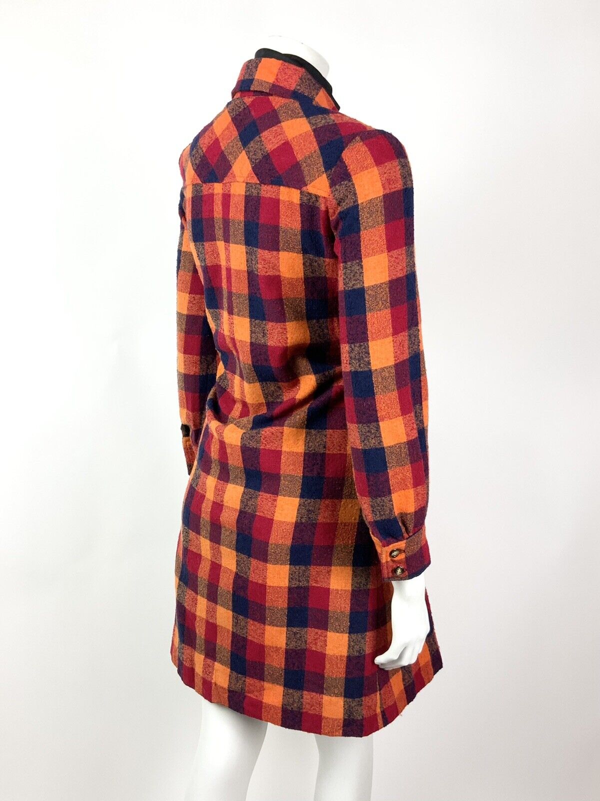 VINTAGE ORANGE RED BLUE CHECKED DAGGER COLLAR MOD WOOL COAT 8 10