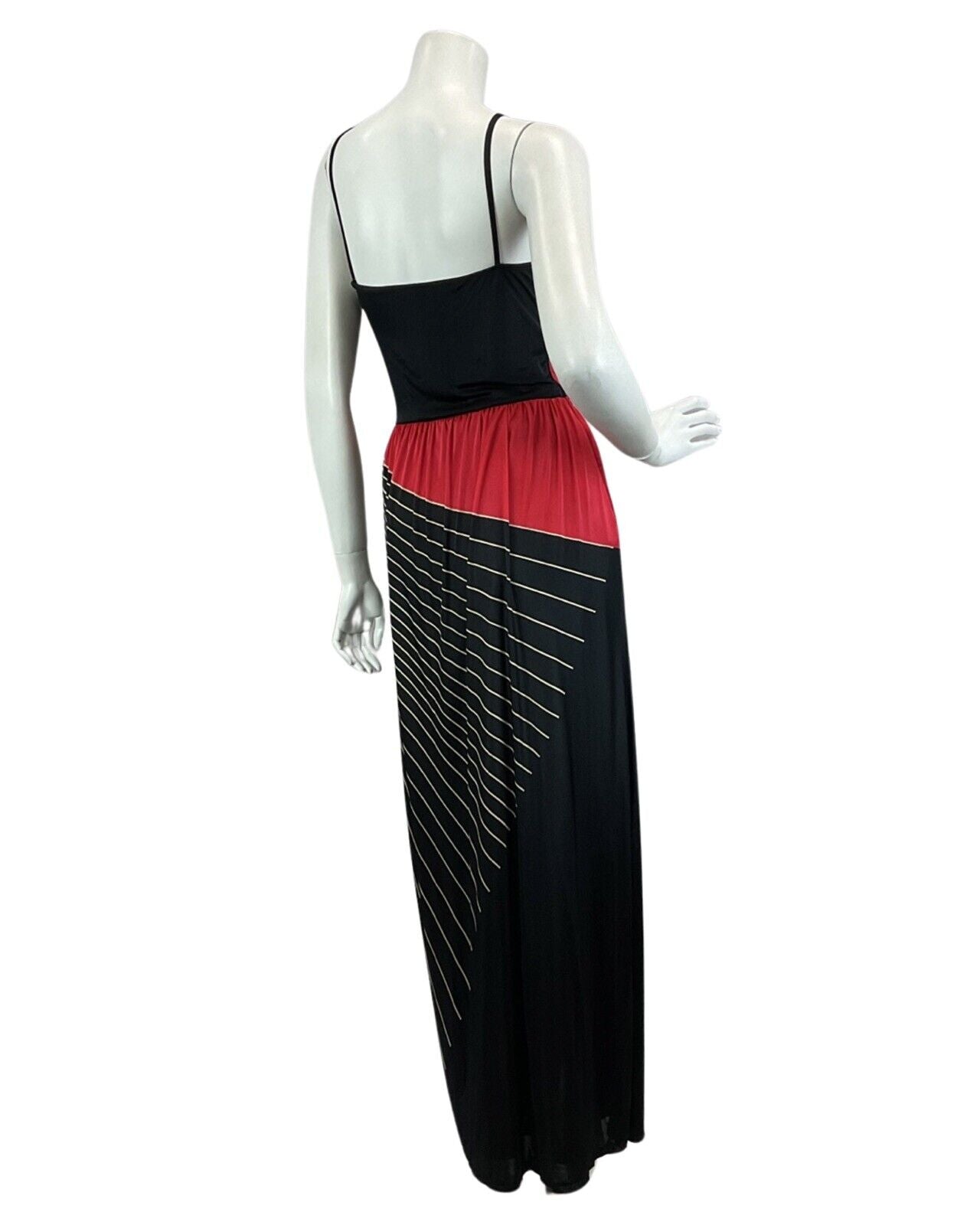 VINTAGE 60s 70s BLACK RED GOLD ABSTRACT PRINT DISCO BOHO FOLK MAXI DRESS 10