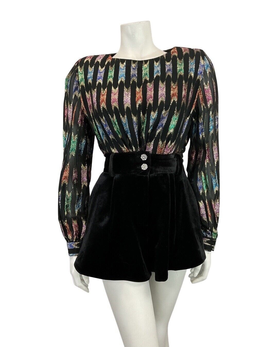VINTAGE 70s 80s BLACK GREEN SILVER STRIPED DISCO PARTY SHEER BLOUSE TOP 10