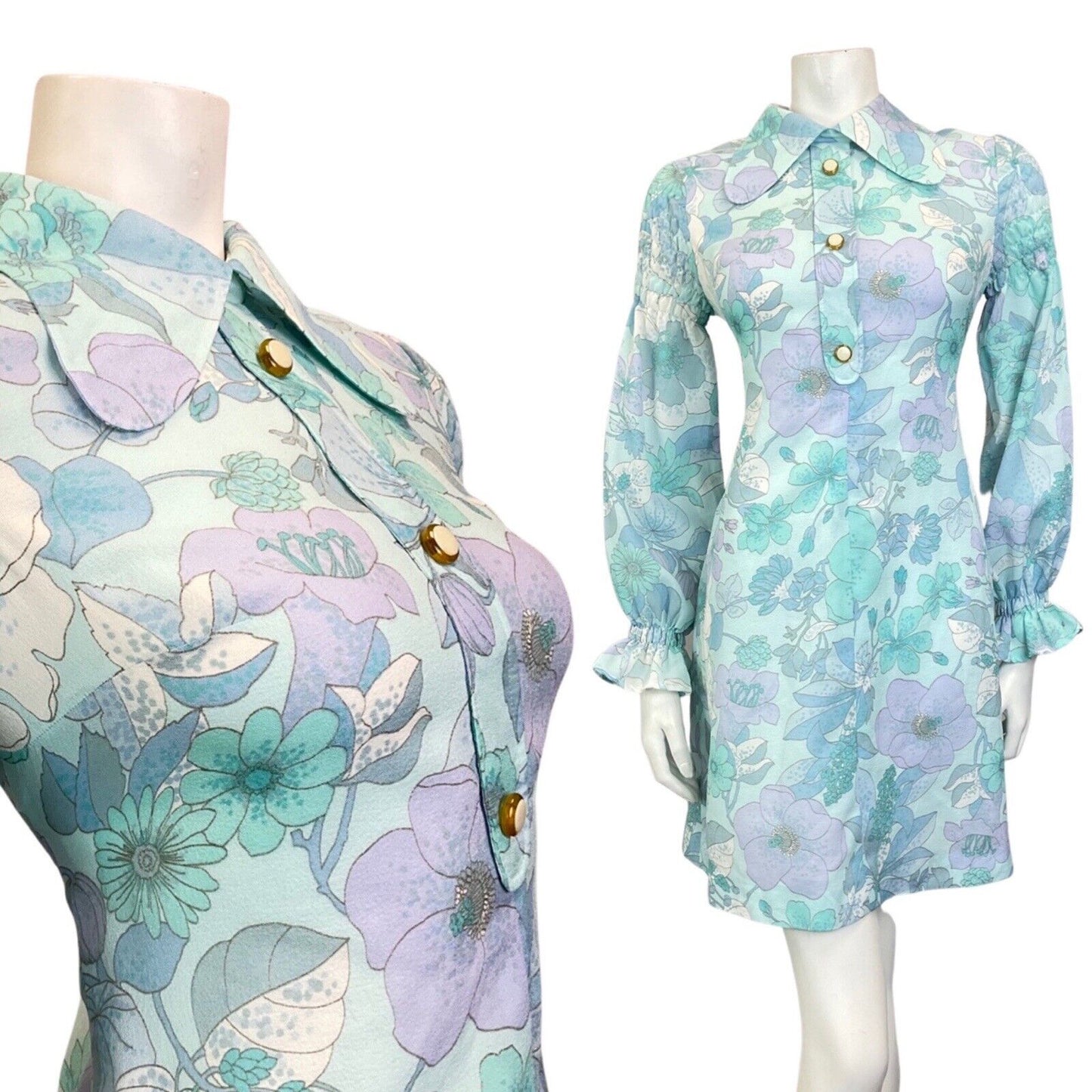 VINTAGE 60s 70s BLUE PURPLE FLORAL JULIET SLEEVE MOD BEAGLE COLLAR DRESS 10 12