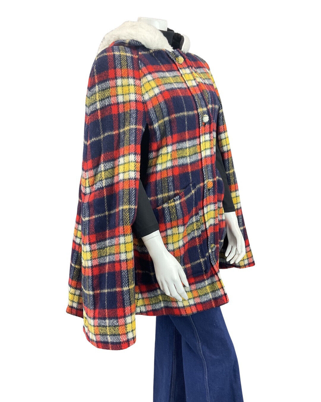 VINTAGE 60s BLUE RED WHITE TARTAN PLAID MOD FAUX-FUR HOODED WOOL CAPE 8