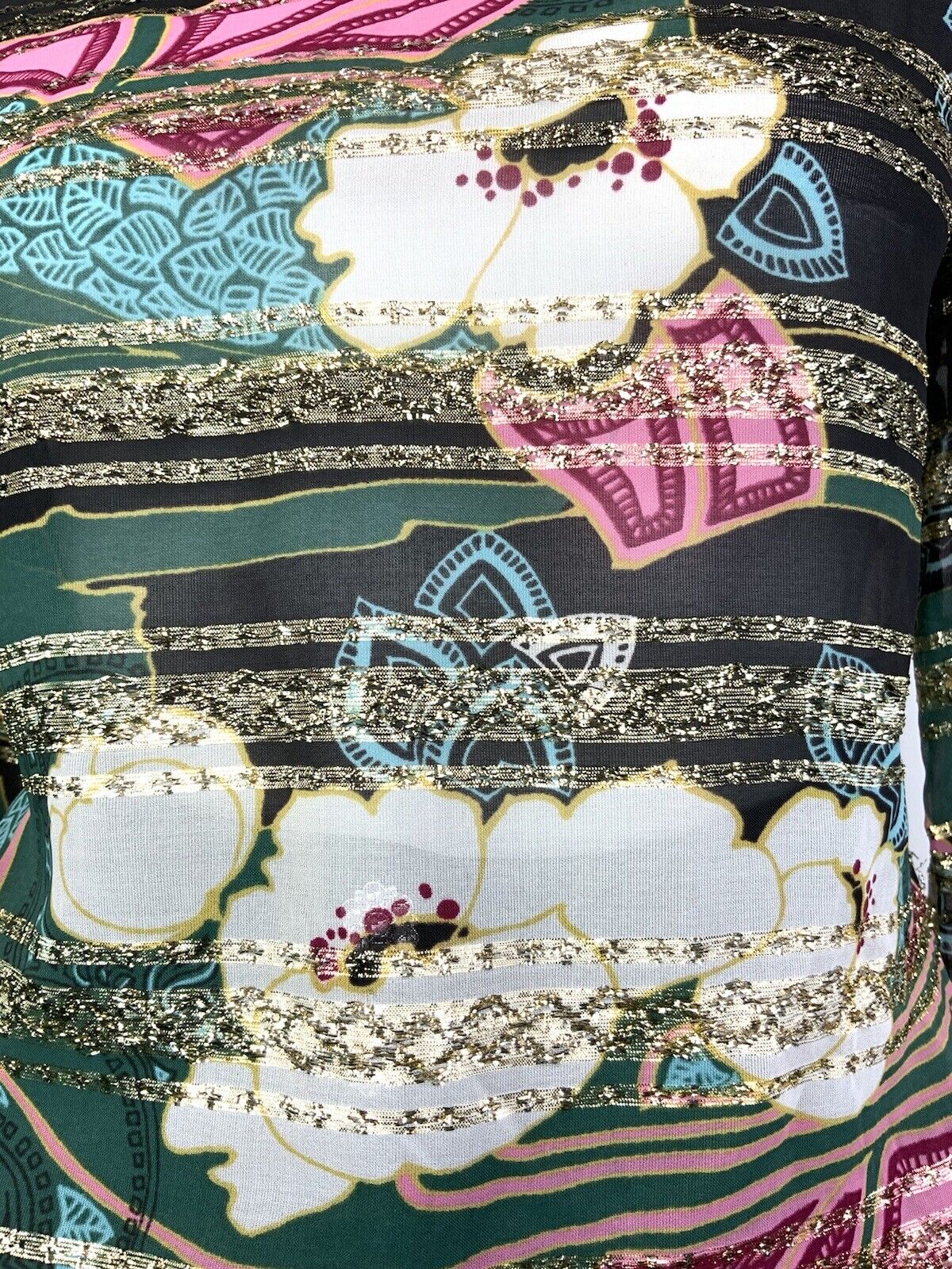VINTAGE 60s 70s GREEN BLACK PINK GOLD PSYCHEDELIC FLORAL STRIPED SHEER TOP 12 14