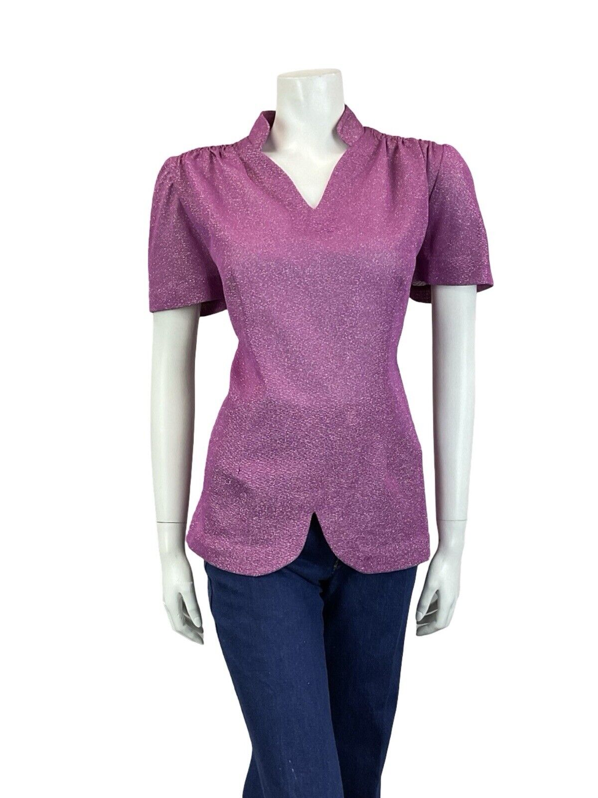 VTG 60S PURPLE OPEN MANDARIN COLLAR SHORT SLEEVE SCALLOPED DART PARTY TOP 16