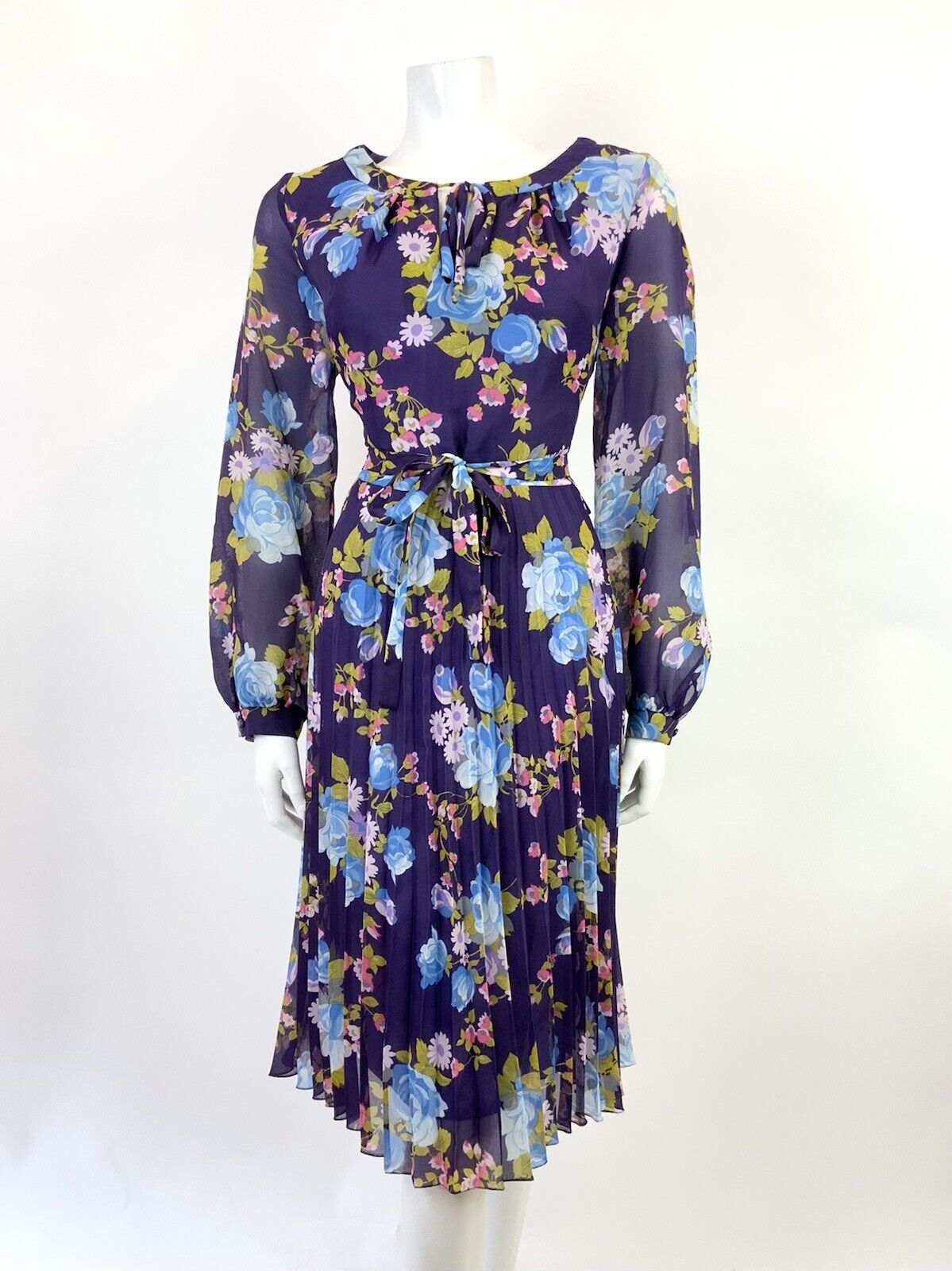 VINTAGE 60s 70s PURPLE BLUE PINK FLORAL ROSE PLEATED BOHO FOLK SHEER DRESS 12 14