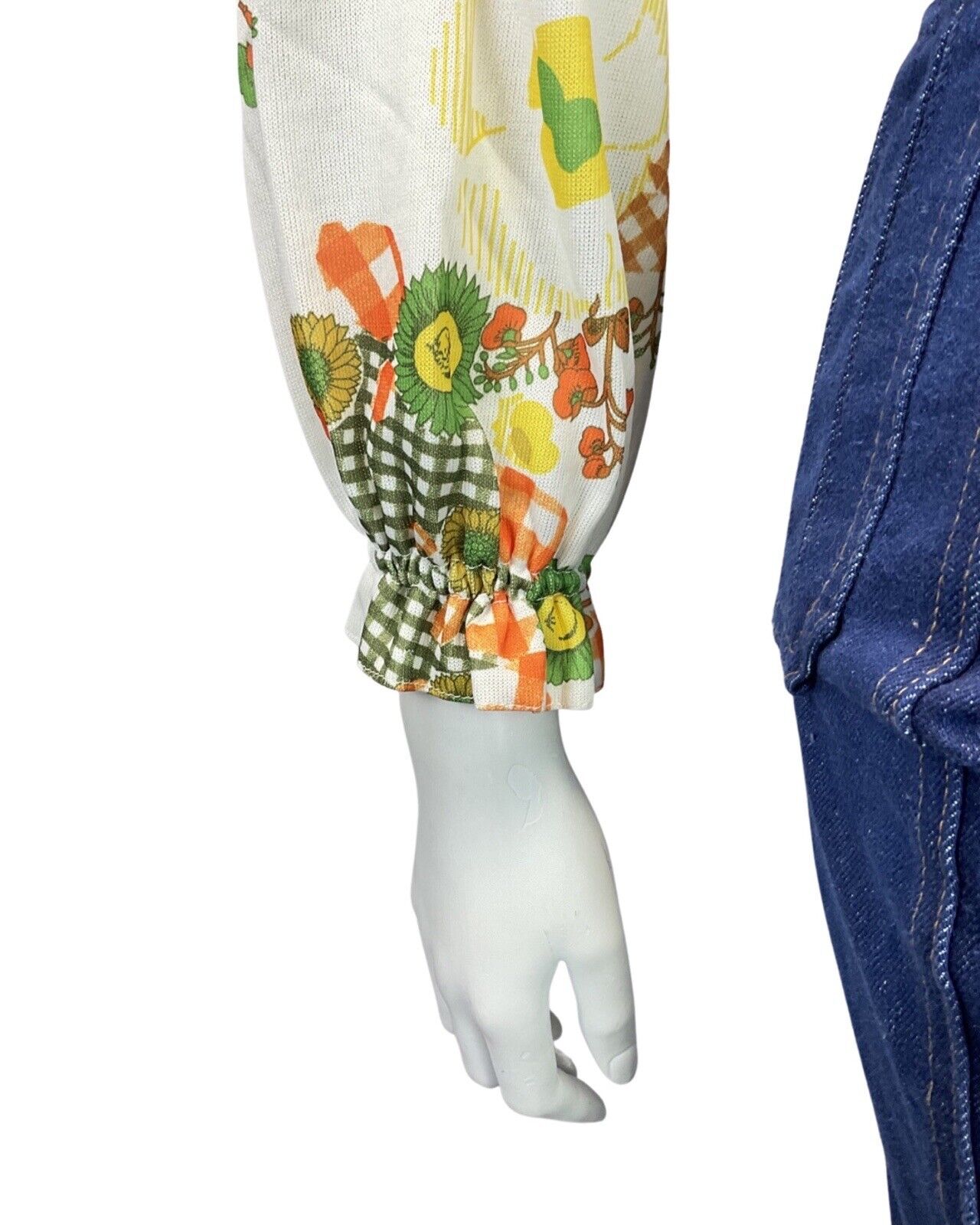 VINTAGE 60s 70s WHITE GREEN ORANGE SUNFLOWER GINGHAM SHIRRED BLOUSE TOP 10 12