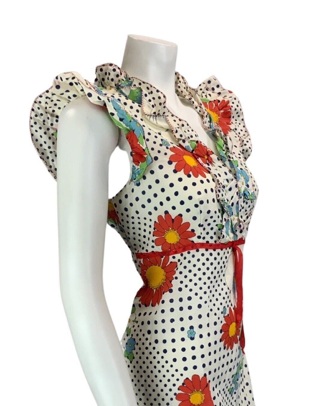 VINTAGE 60s 70s WHITE NAVY BLUE POLKA DOT RED BLUE FLORAL PRINT FLORAL DRESS 12