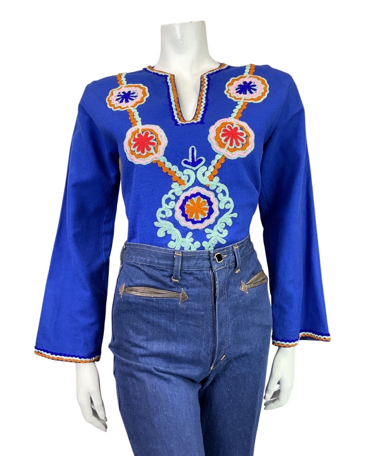 VTG 60s 70s BLUE ORANGE MIND CROCHETED RIC-RAC WAVY FLOWER BOHO FOLK BLOUSE 8 10