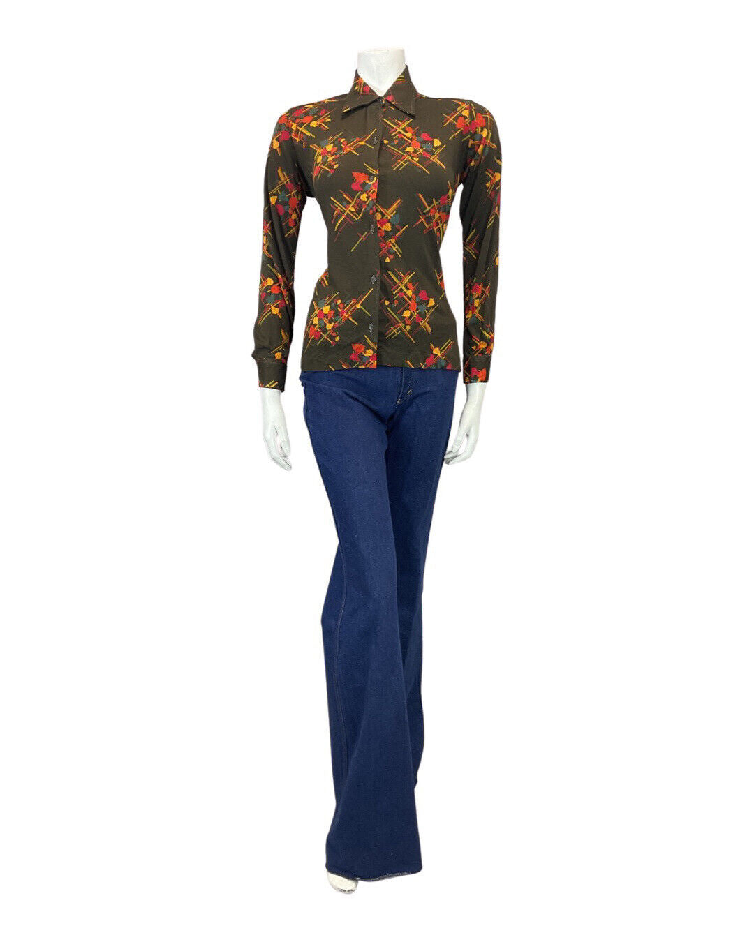 VINTAGE 60s 70s BROWN ORANGE FLORAL LEAFY STRIPED MOD DAGGER SHIRT 12 14