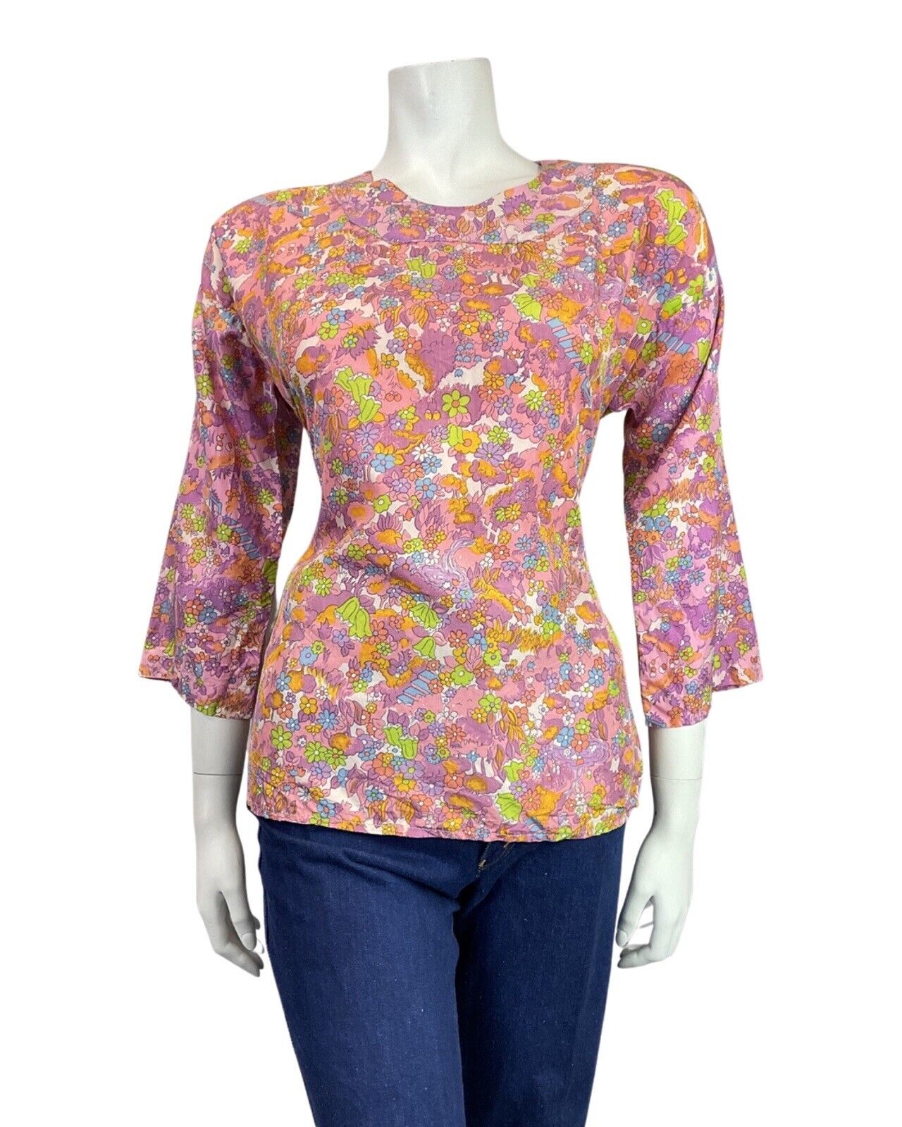VINTAGE 60s 70s PINK PURPLE GREEN DITSY FLOWER PSYCHEDELIC BLOUSE TOP 14