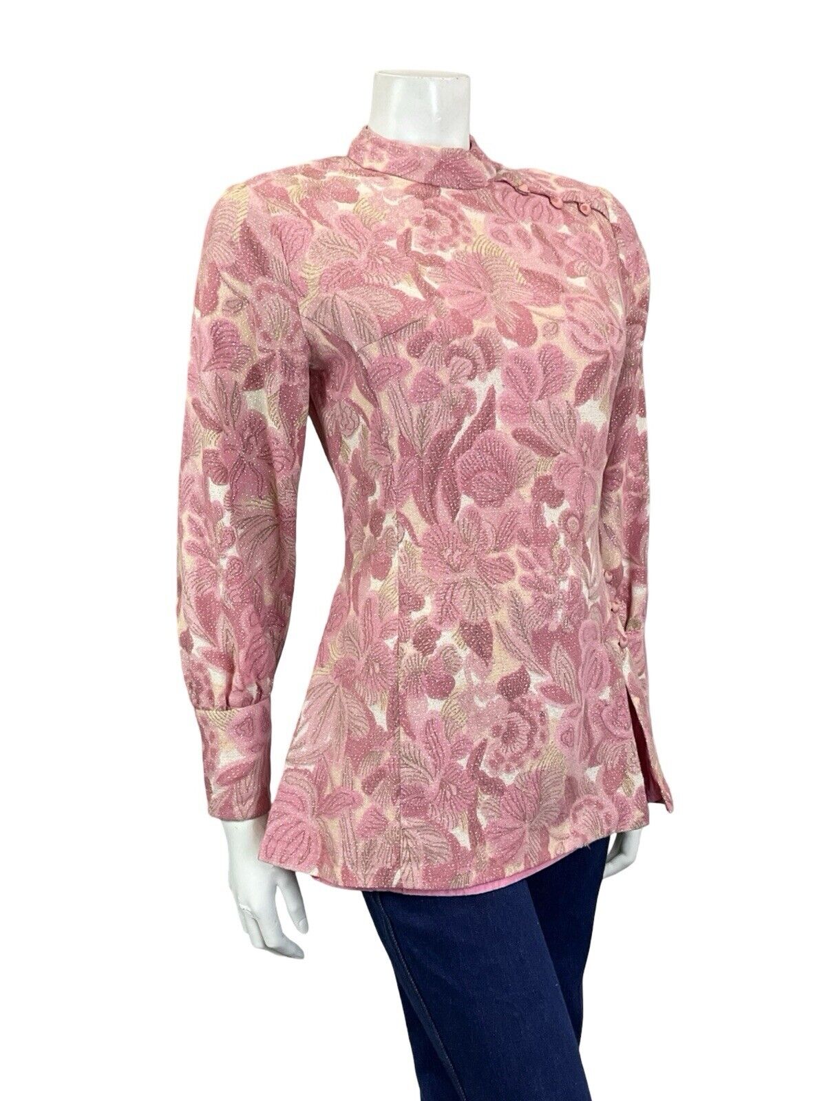 VTG 60S HIPPY PINK CREAM SPARKLING HIGH NECK BISHOP SLEEVE TUNIC PARTY TOP 8