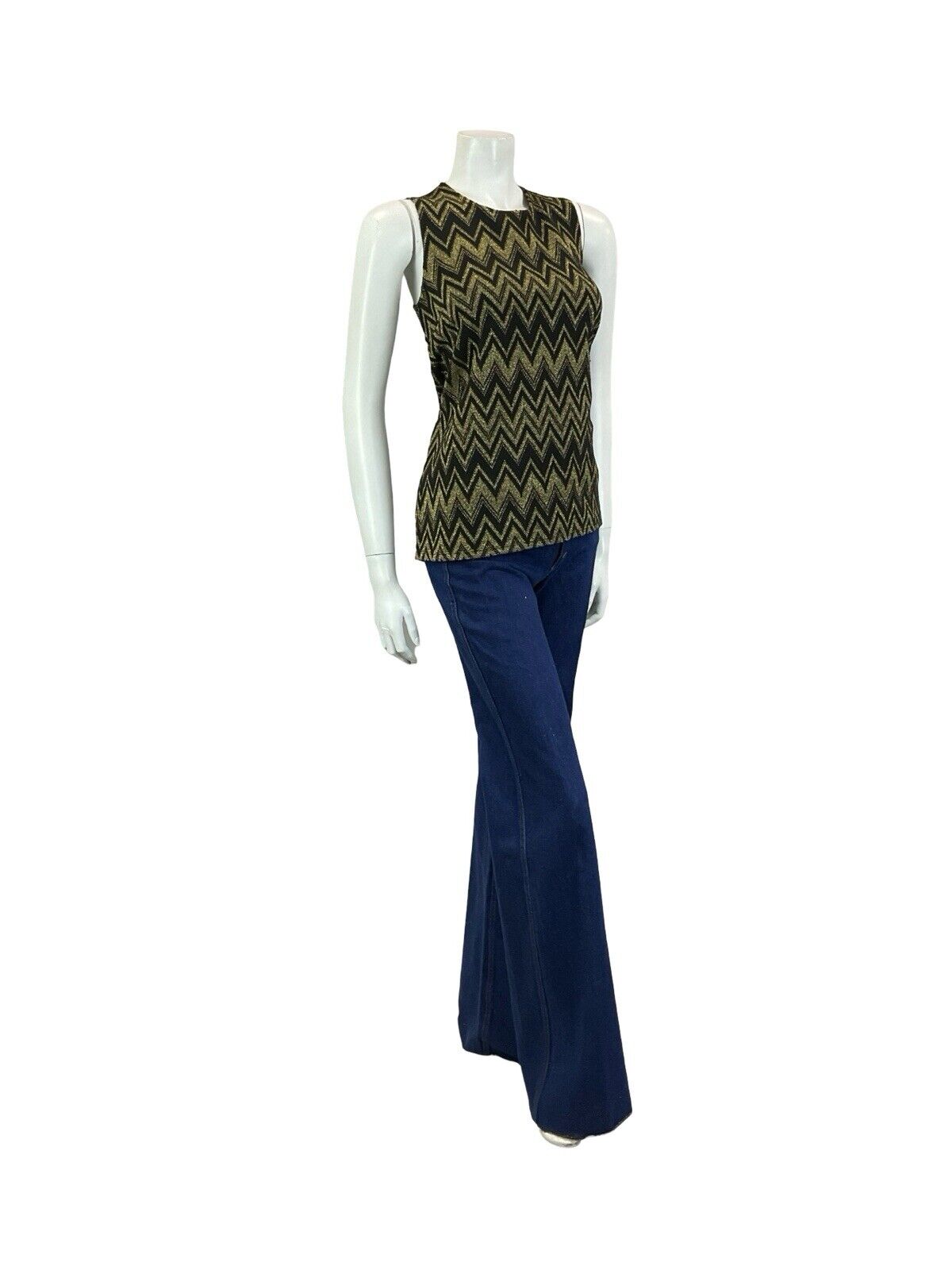 VTG 70S BLACK GOLD GEOMETRIC ZIG ZAG CHEVRON METALLIC DISCO PARTY TANK TOP 8