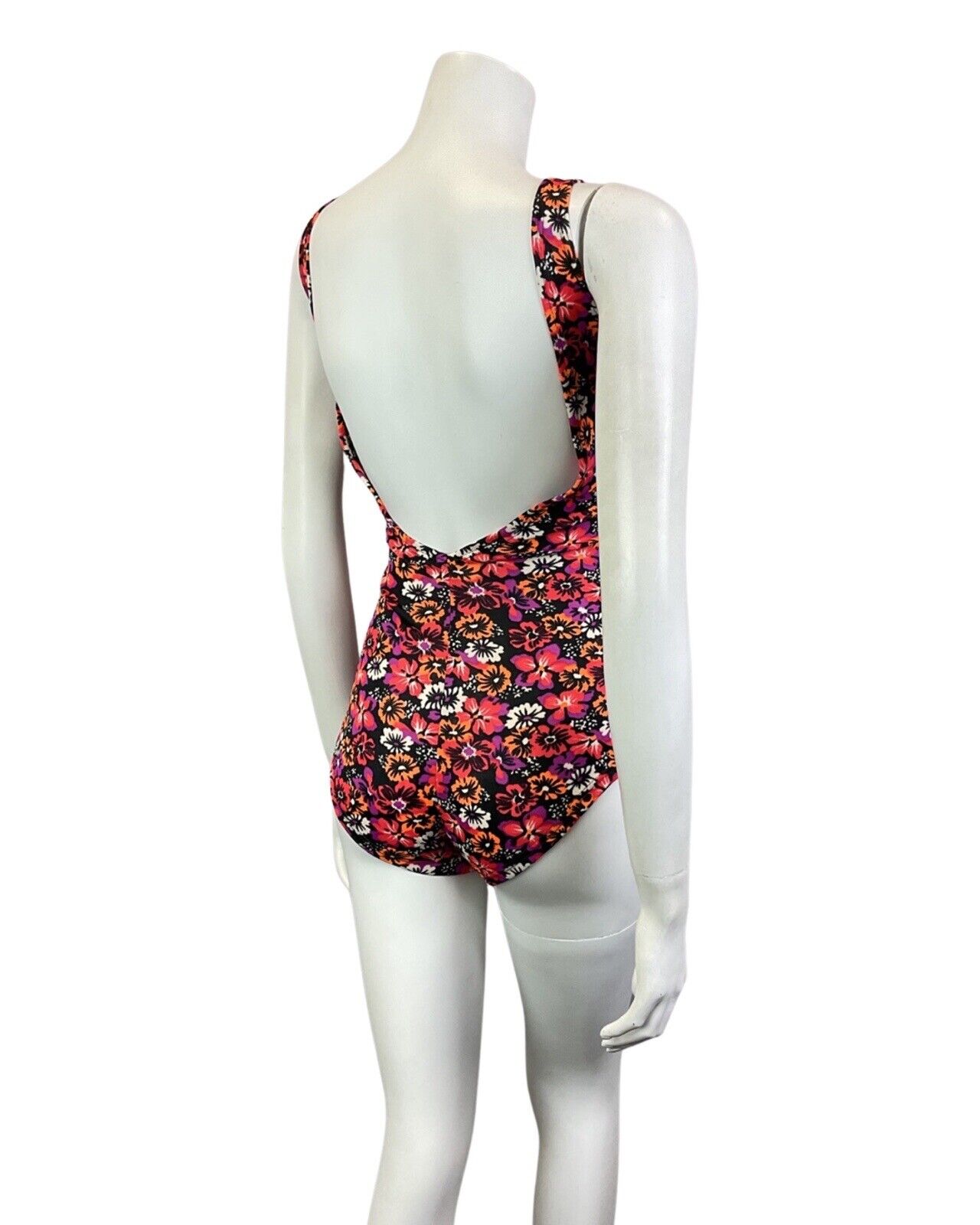VTG 60s 70s PINK BLACK ORANGE NEON PSYCHEDELIC FLORAL SWIMSUIT BODYSUIT 12 14