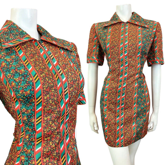 VINTAGE 60s 70s GREEN RED BLACK FLORAL DITSY STRIPED FOLK MOD SHIRT DRESS 12 14