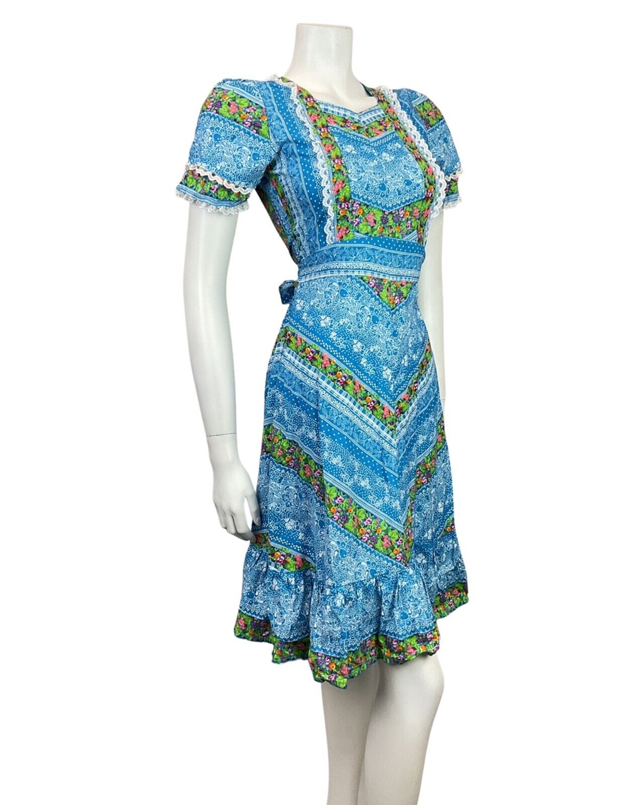 VINTAGE 70s BLUE GREEN WHITE FLORAL BERRY LACE DOTTY FOLK PRAIRIE BOHO DRESS 4