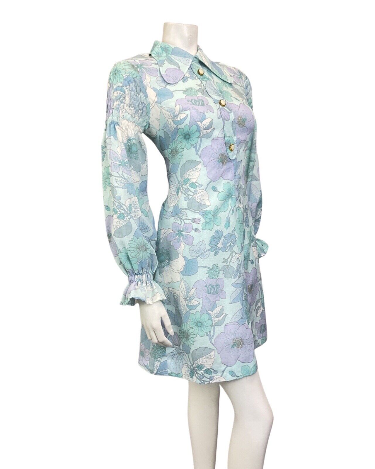 VINTAGE 60s 70s BLUE PURPLE FLORAL JULIET SLEEVE MOD BEAGLE COLLAR DRESS 10 12