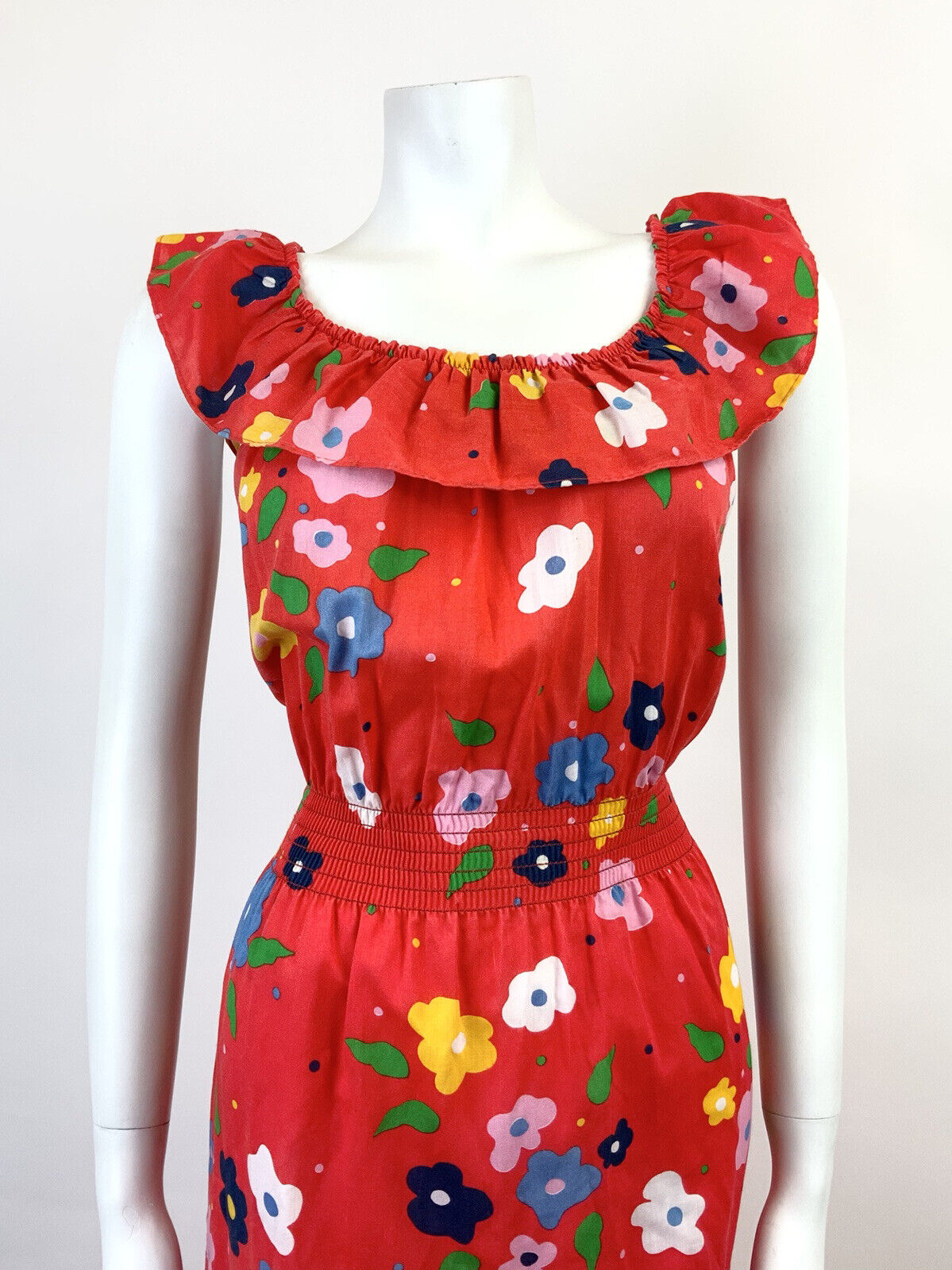 VTG 60s 70s RED BLUE GREEN WHITE FLORAL DAISY MOD SLEEVELESS SUMMER DRESS 12 14
