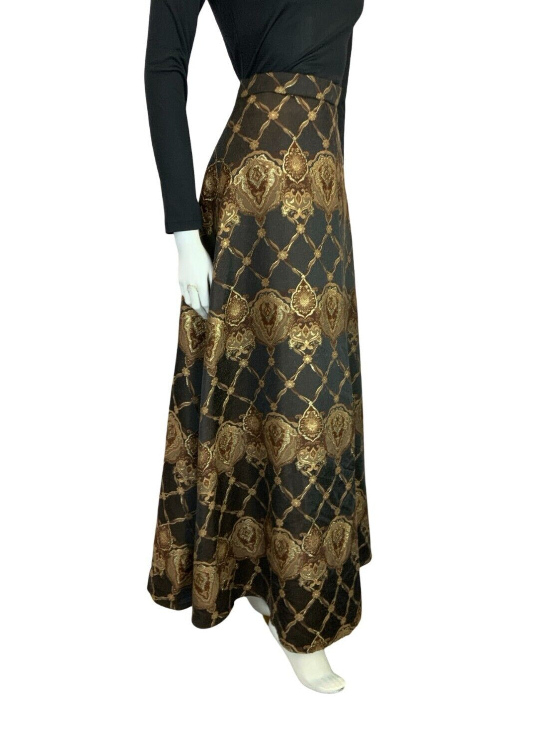 VTG 70S FLORAL MANDALA BOHO HIPPY MAXI PARTY BROWN GOLD SKIRT SIZE 10