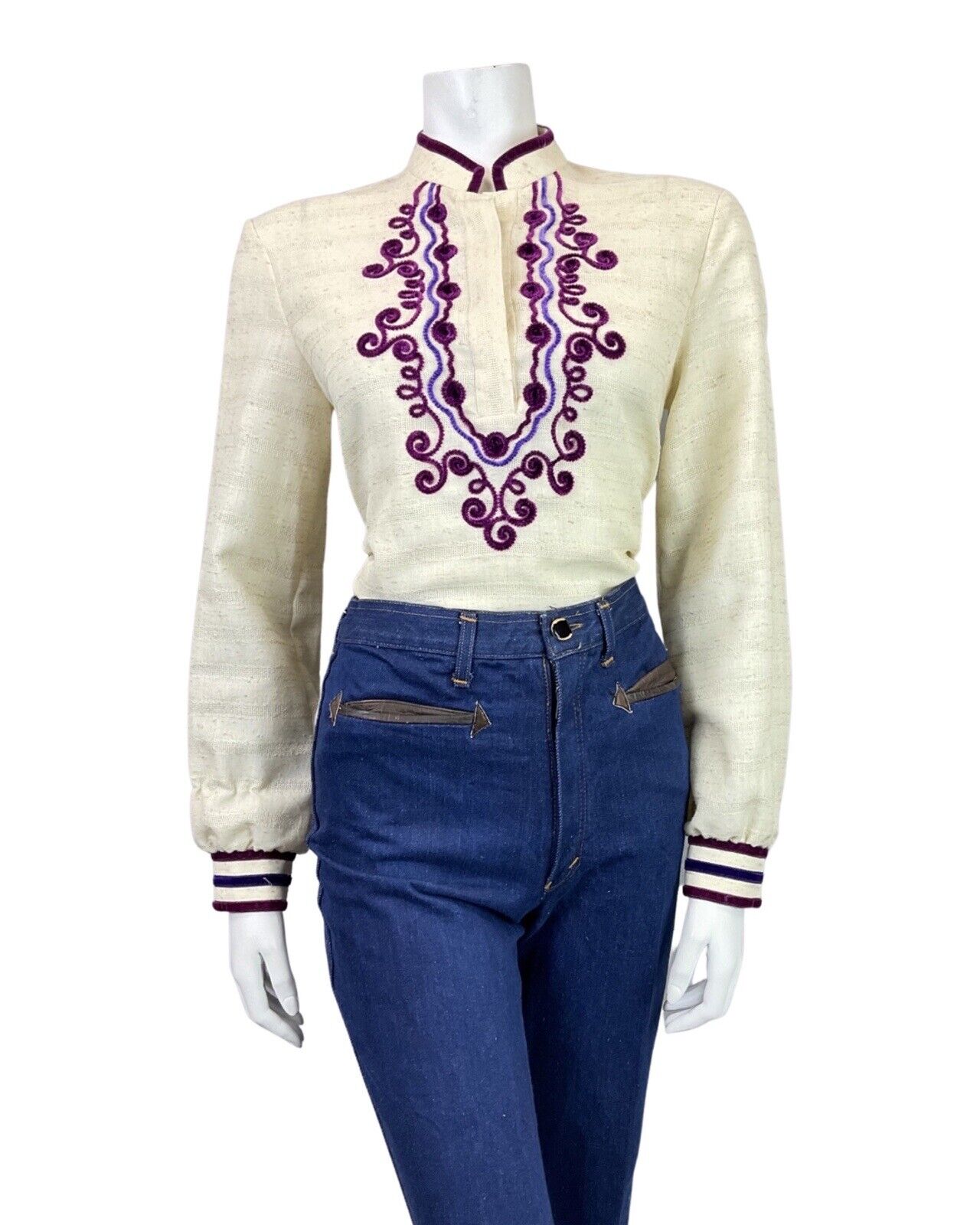 VINTAGE 70s CREAM PURPLE WINE VELVET SWIRL LUCIE LINDEN BOHO BLOUSE 12 14