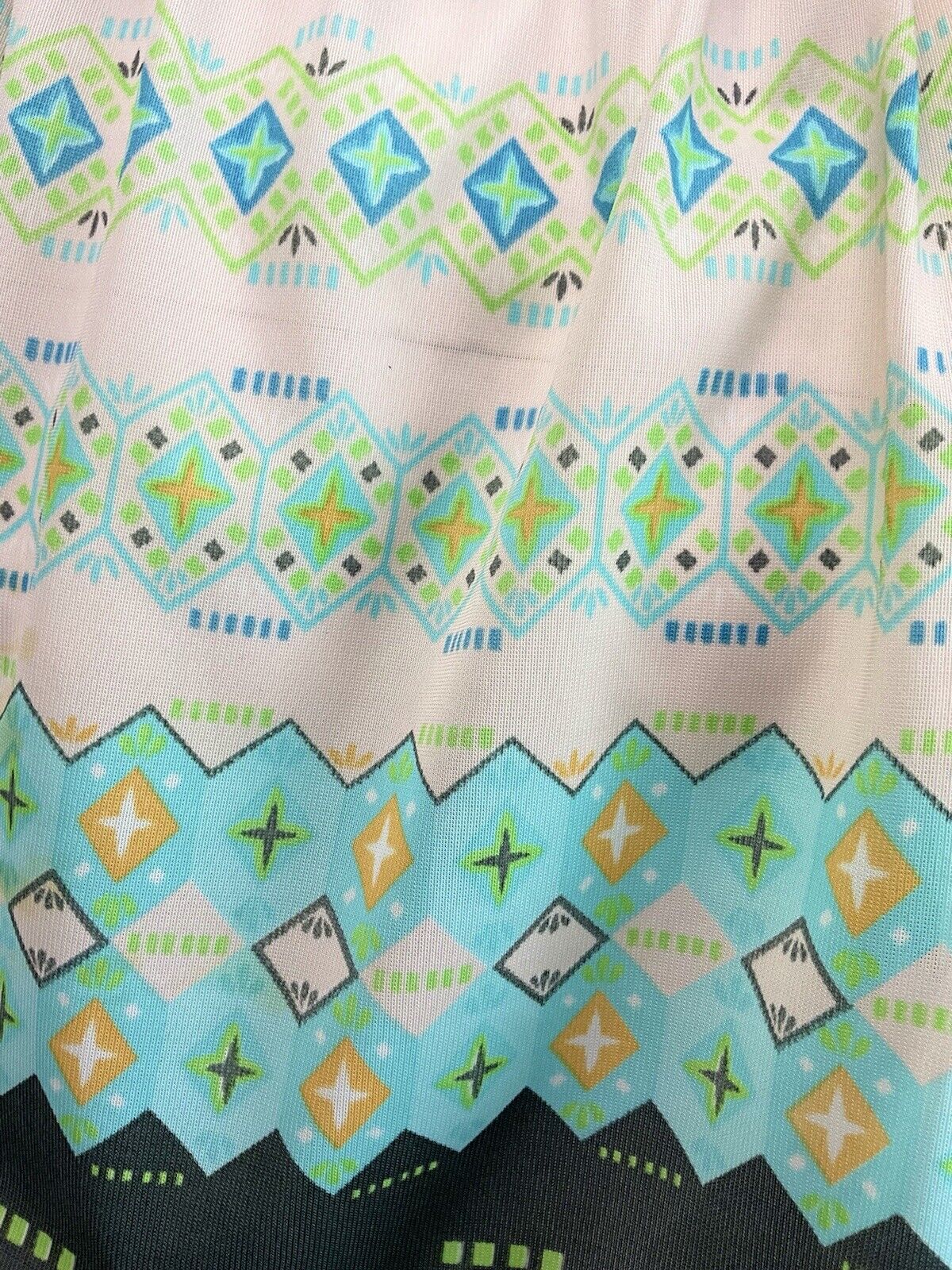 VINTAGE 60s 70s WHITE BLUE GREEN GEOMETRIC BOHO FOLK BLOUSON DRESS 12 14