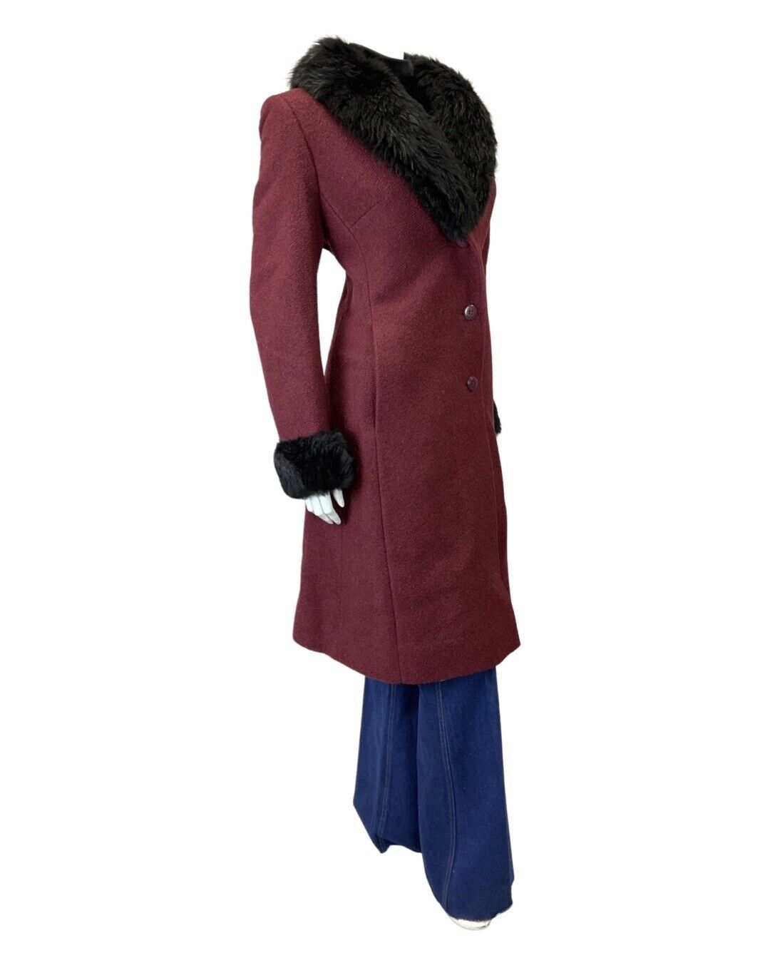 VINTAGE 60s 70s MAROON PURPLE BLACK FAUX FUR MOD MID-LENGTH WOOL COAT 14 16