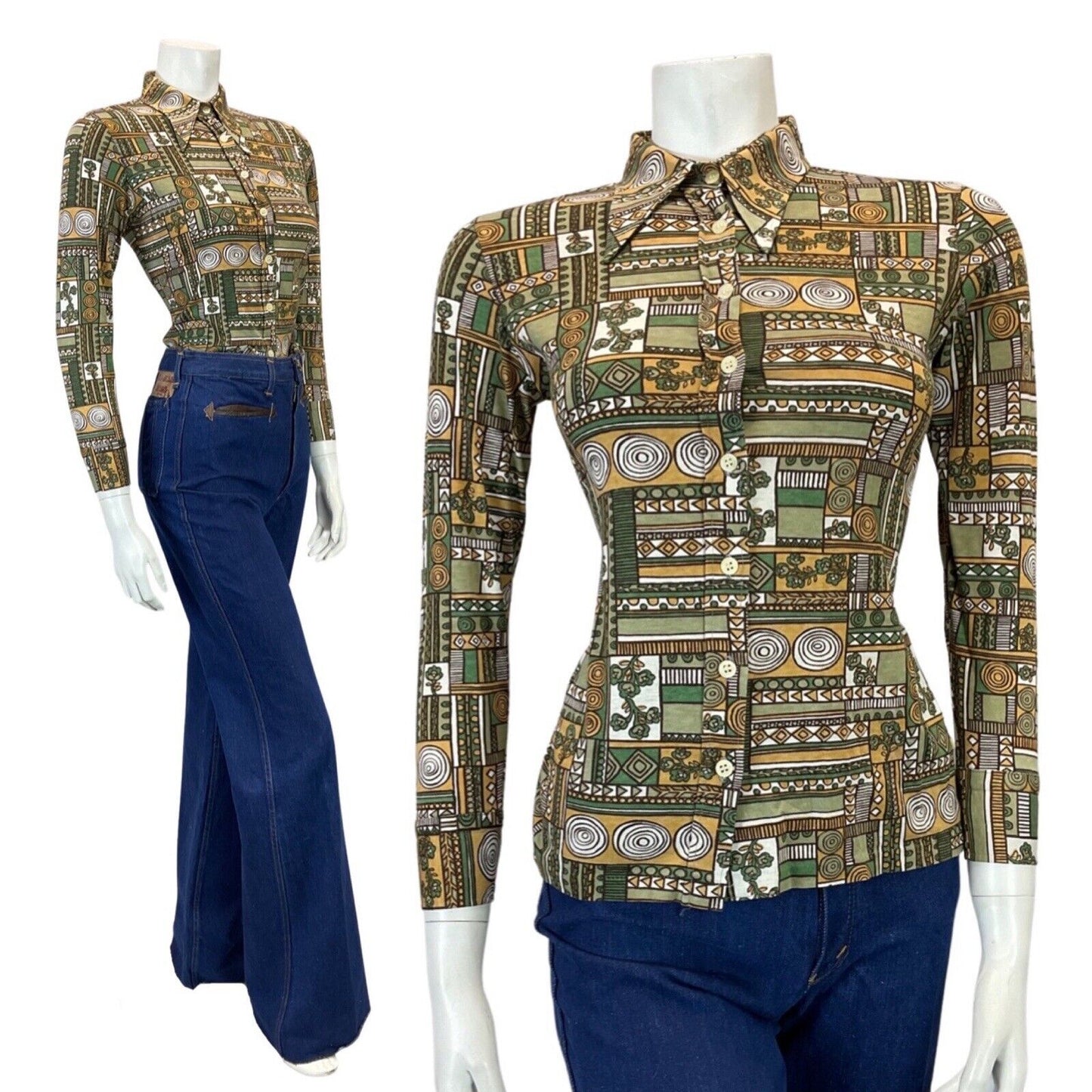 VINTAGE 60s 90s GREEN BEIGE BROWN GEOMETRIC PSYCHEDELIC DAGGER COLLAR SHIRT 8 10