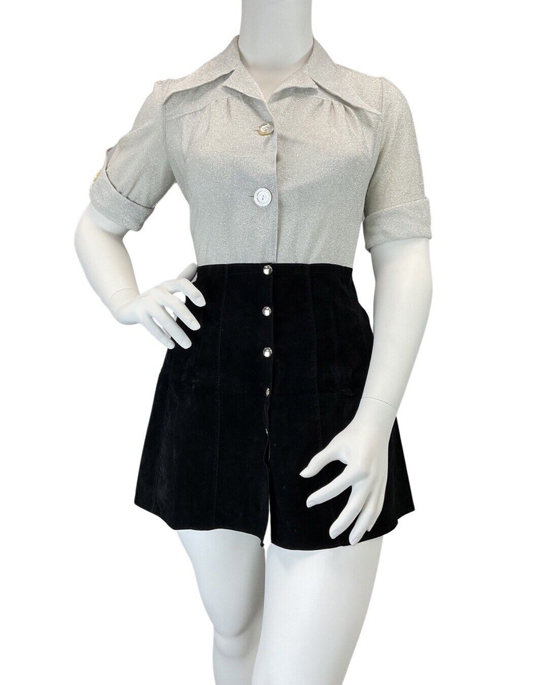 VINTAGE 60s 70s SILVER GLITTER MOD DISCO STUDIO 54 DAGGER COLLAR SHIRT 16 18